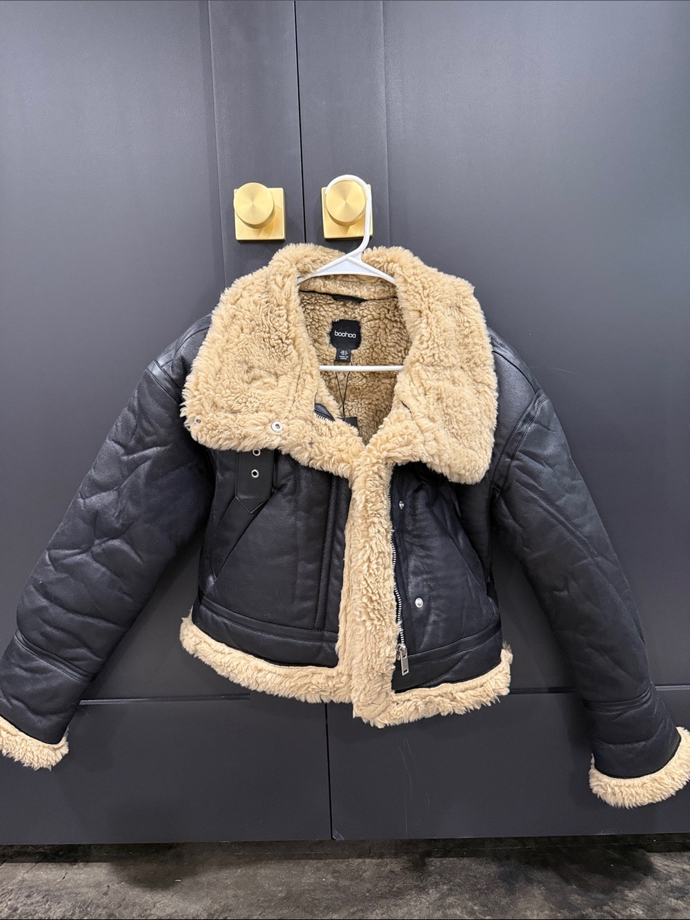 Boohoo Black Faux Leather Teddy Aviator Jacket with Tan Sherpa